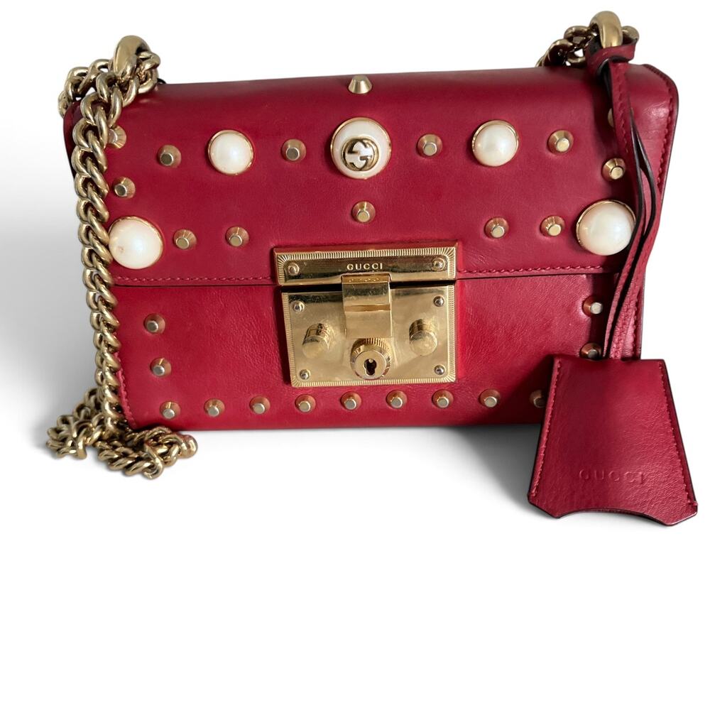 Gucci Red Leather Pearl Studded Padlock Small Shoulder Bag Gold Hardware Chain